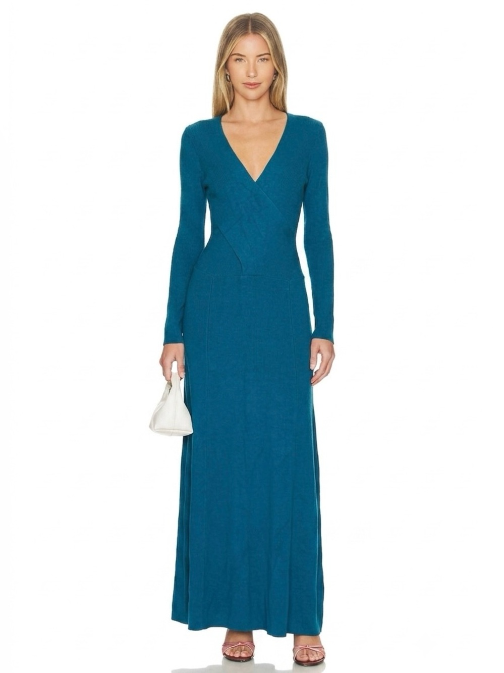 Tome Teal Ribbed V Neck Long Sleeve Maxi Dress Sz Medium Party Designer Cocktail
